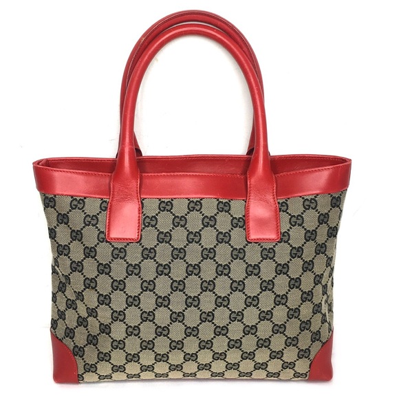 Authentic Gucci red leather monogram canvas tote bag - Picture 2 of 15